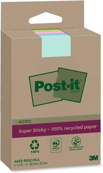 Post-it Memoblok 3M 4645-RSSCOL4 Super Sticky 102x152mm ass. Kleur 4 stuks