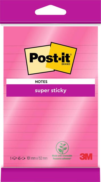 Post-it Memoblok 3M 4645 Super Sticky 101x152mm lijn roze