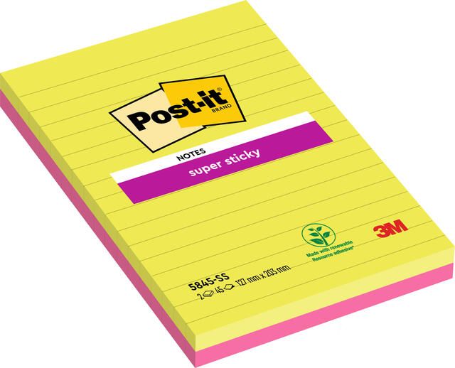 Post it Super Sticky notes ft 125 x 200 mm geassorteerde kleuren 45 vel pak van 2 blokken