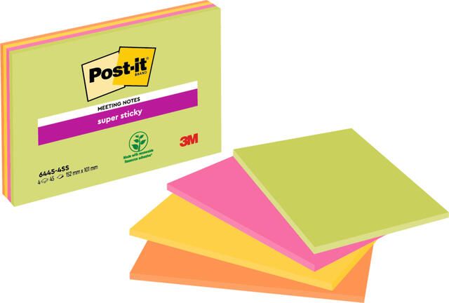 Post It Super Sticky Meeting notes 45 vel ft 101 x 152 mm geassorteerde kleuren pak van 4 blokken - Foto 2