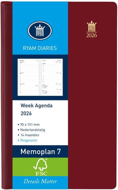 Ryam Agenda 2025 Memoplan 7 Suprema ringplasic 7dagen 2pagina's bordeaux