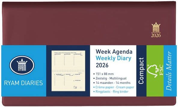 Ryam Agenda 2026 Compact Suprema 7dagen 2pagina's ringplastic bordeaux