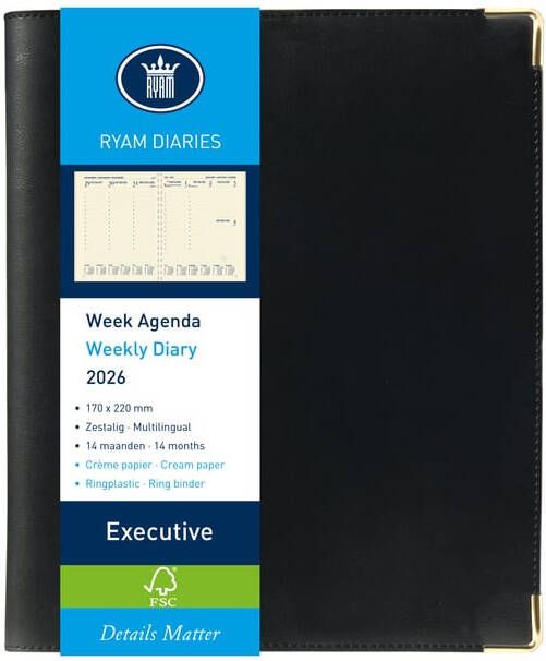 Ryam Agenda 2026 Executive Nappa 7dagen 2pagina's ringplastic zwart