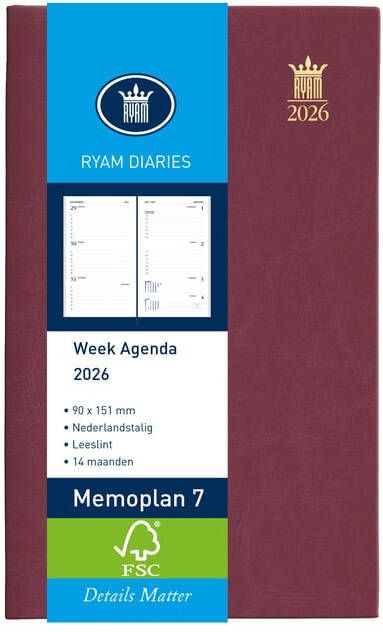 Ryam Agenda 2026 Memoplan 7 Mundior 7dagen 2pagina's bordeaux