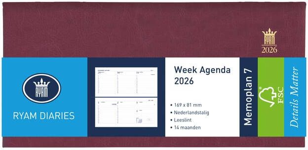 Ryam Agenda 2026 Memoplan 7 Mundior 7dagen 2pagina's landscape bordeaux