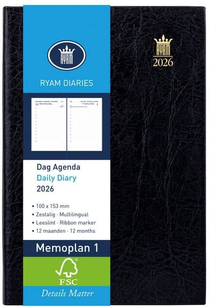 Ryam Agenda 2026 Memoplan 7 Suprema ringplastic 7dagen 2pagina's zwart