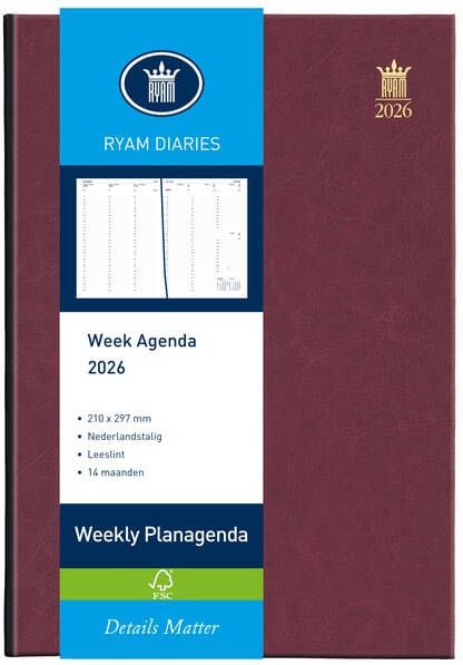 Ryam Agenda 2026 Weekly Mundior 7dagen 2pagina's bordeaux