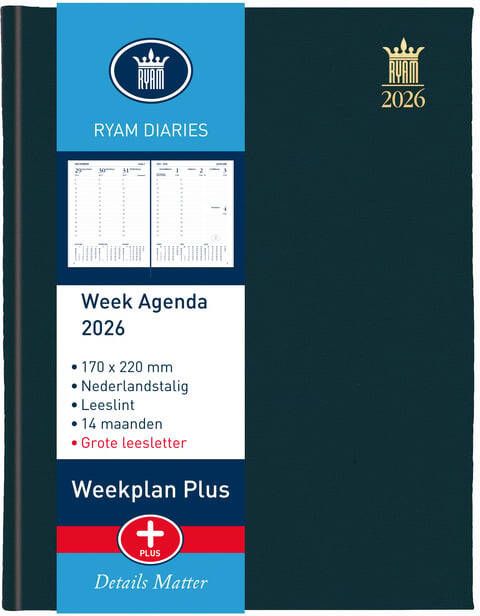 Ryam Agenda 2026 Weekplan Plus Mercury groot letter 7dagen 2pagina's zwart