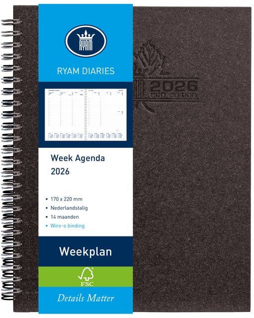 Ryam Agenda 2026 Weekplan Wire-o 7dagen 2pagina's zwart