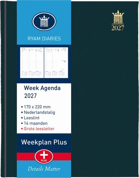 Ryam Agenda 2027 Weekplan Plus Mercury groot letter 7dagen 2pagina's zwart