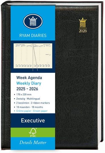 Ryam Schoolagenda 2025-2026 18mnd Executive Mundior 7dagen 2pagina's zwart