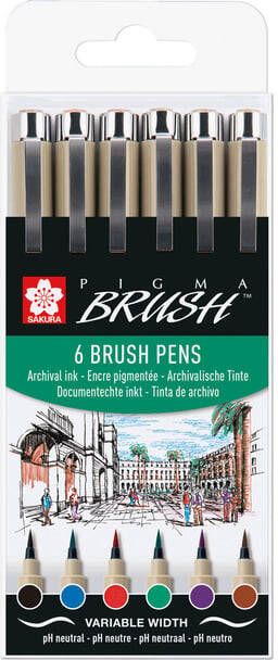 Sakura brushpen Pigma Brush etui van 6 stuks in geassorteerde kleuren