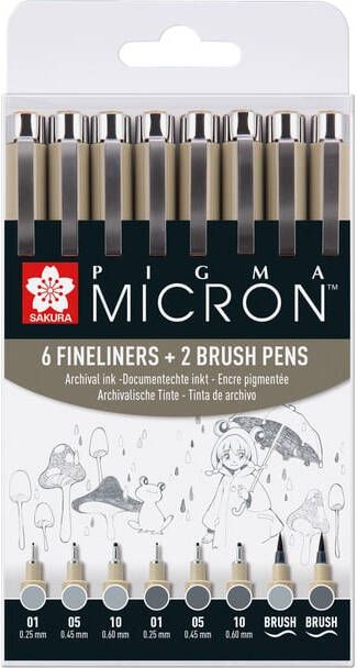 Sakura Fineliner en brushpen Pigma Micron koudgrijs set Ã  8 stuks assorti