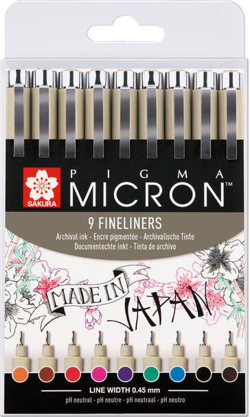 Sakura tekenstift Pigma Micron 05 etui van 9 stuks in geassorteerde kleuren