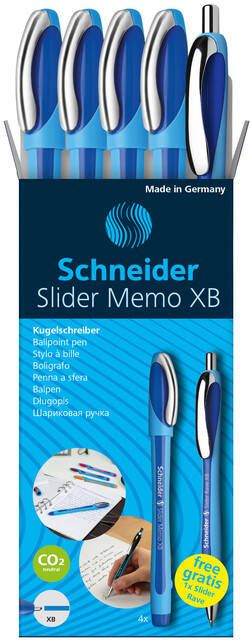Schneider Balpen Slider Memo XB blauw setà 4 stuks + 1 gratis Slider balpen