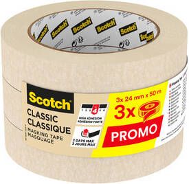 Scotch classic afplaktape ft 24 mm x 50 m pak van 3 stuks