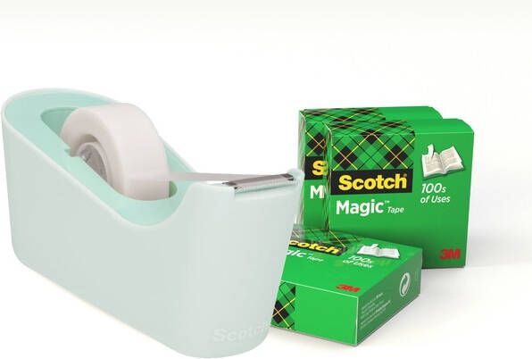 Scotch verzwaarde plakbandafroller inclusief 4 rollen magic tape muntgroen