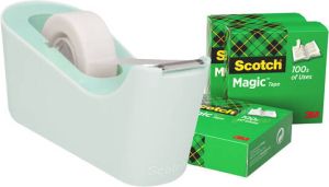 Scotch verzwaarde plakbandafroller inclusief 4 rollen magic tape muntgroen