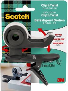 Scotch clip & twist plakbandafroller inclusief 1 rol Magic tape houtskool grijs