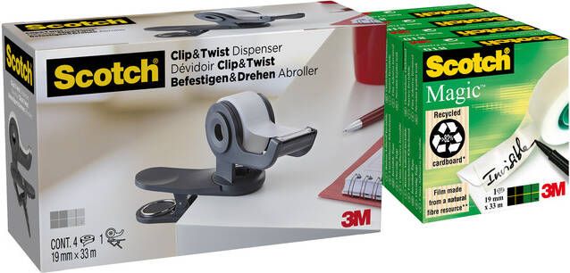 Scotch Plakbandhouder Clip C19 donkergrijs + 4rol magic tape 19mmx33m