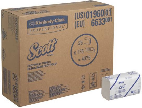 Scott Handdoek i-vouw 1-laags 200x315mm 25x175stuks wit 6633