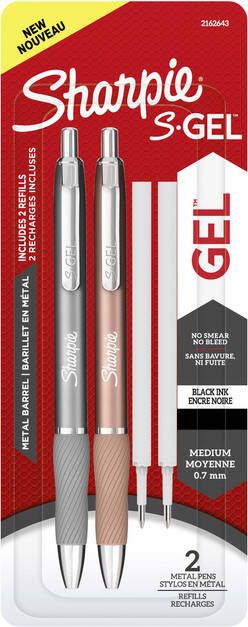 Sharpie S-gel roller medium punt zwarte inkt blister van 2 stuks in metallic kleuren met 2 vullingen