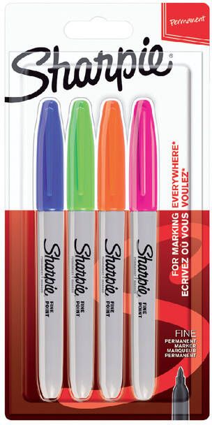 Sharpie permanent marker fijne punt blister van 4 stuks geassorteerde kleuren