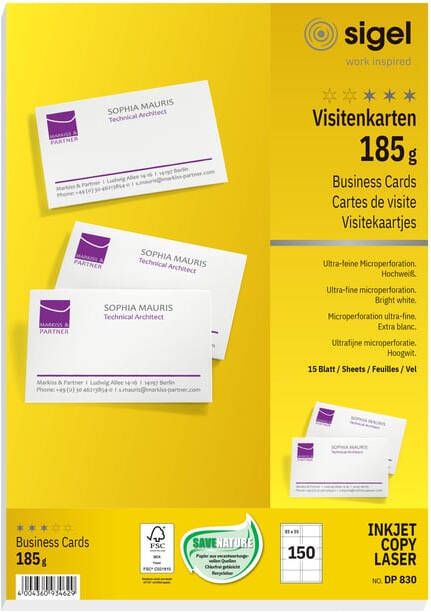 Sigel Visitekaart 85x55mm blanco 185gr wit 150 stuks