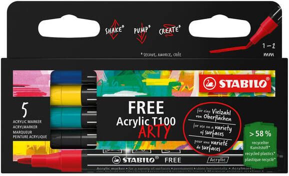 Stabilo free acrylmarker T100 Royal ronde punt 1-2 mm geassorteerde kleuren pak van 5 stuks