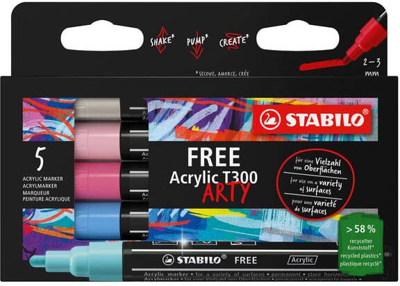 Stabilo Free acrylmarker T300 Candy ronde punt 2-3 mm geassorteerde kleuren pak van 5 stuks