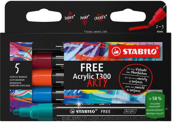 Stabilo free acrylmarker T300 Urban ronde punt 2-3 mm geassorteerde kleuren pak van 5 stuks