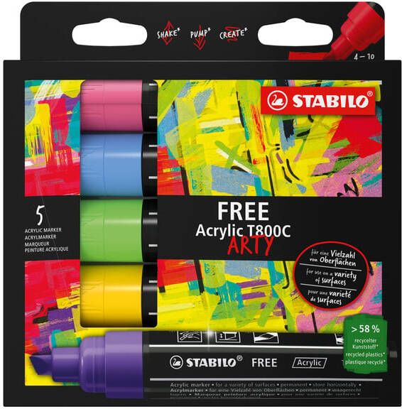 Stabilo free acrylmarker T800 Seaside schuine punt 4-10 mm geassorteerde kleuren pak van 5 stuks