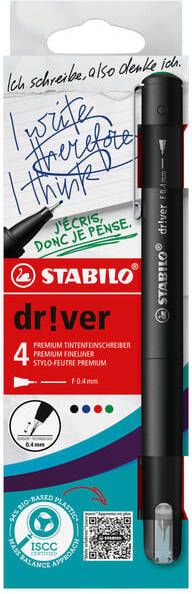 Stabilo dr!ver fineliner fijne punt geassorteerde kleuren blister van 4 stuks