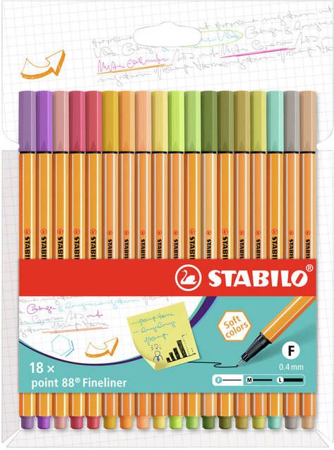 Stabilo point 88 fineliner kartonnen etui van 18 stuks in geassorteerde zachte kleuren