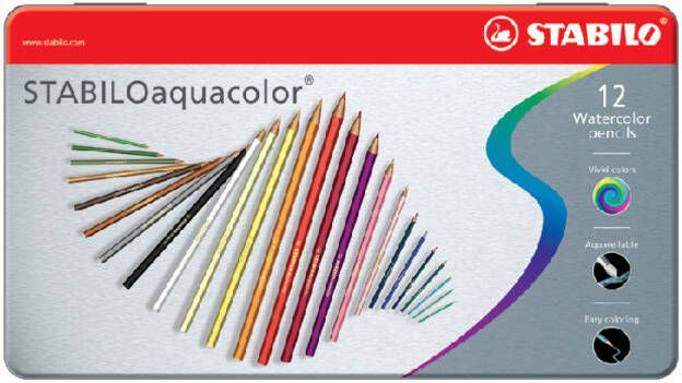 Stabilo aquacolor kleurpotlood metalen doos van 12 stuks in geassorteerde kleuren