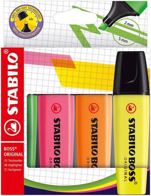 Stabilo BOSS ORIGINAL markeerstift etui van 4 stuks in geassorteerde kleuren
