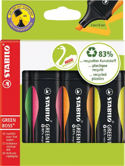 Stabilo GREENBOSS markeerstift blister van 4 stuks in geassorteerde kleuren