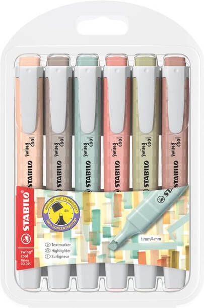 Stabilo SWING COOL naturecolor markeerstift geassorteerde kleuren blister van 6 stuks