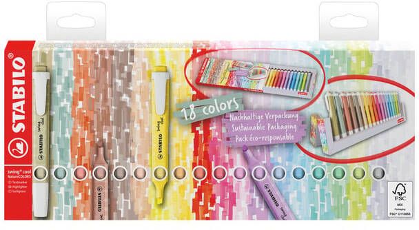 Stabilo SWING COOL naturecolor markeerstift geassorteerde kleuren deskset van 18 stuks
