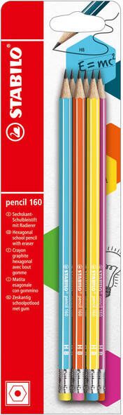 Stabilo grafietpotlood 160 HB met gom blister met 6 stuks in geassorterde kleuren