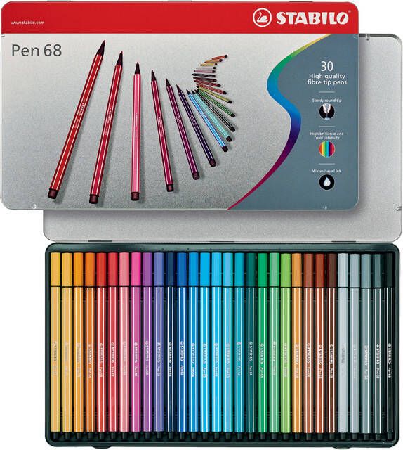 Stabilo Pen 68 viltstift metalen doos van 30 stiften in geassorteerde kleuren