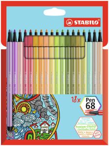 Stabilo Pen 68 viltstift kartonnen etui van 18 stuks in geassorteerde zachte kleuren