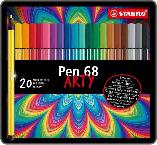 Stabilo Pen 68 viltstift metalen doos van 20 stiften in geassorteerde kleuren