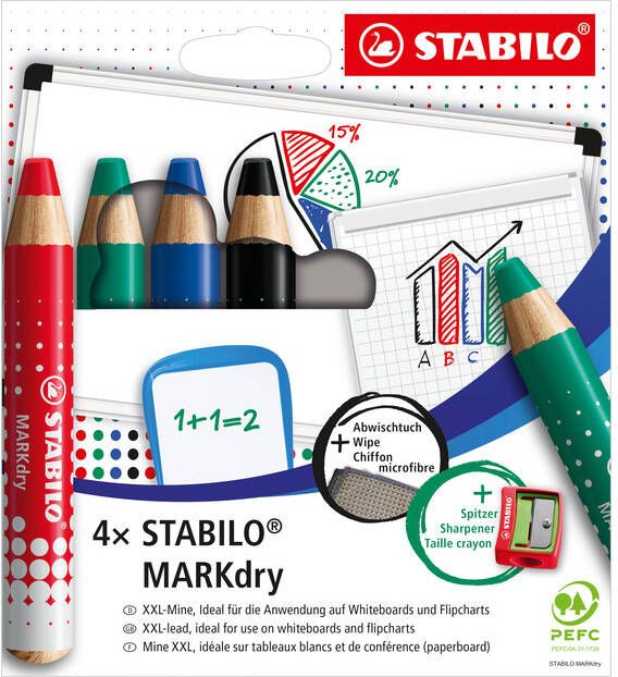 Stabilo Whiteboardpotlood MARKdry 648 4 inclusief slijper en microvezeldoek assorti etuià 4 stuks