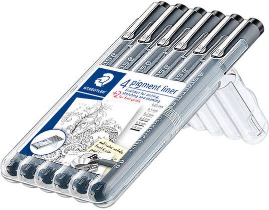 Staedtler pigment liner fineliner ronde punt verschillende schrijfbreedtes etui van 4 + 2 zwart - Foto 2