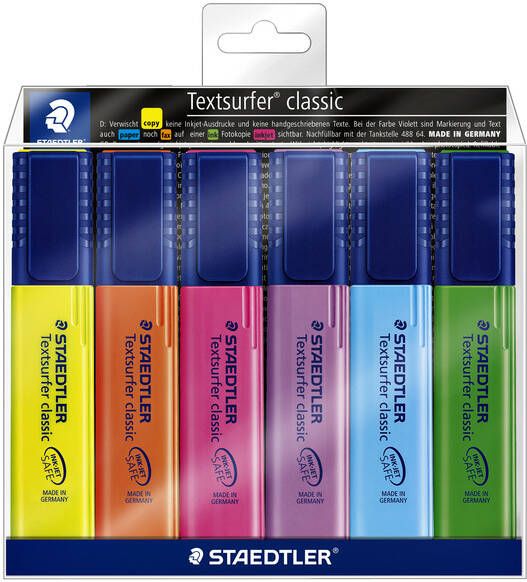 Staedtler Markeerstift Textsurfer Classic etui van 6 stuks: geel oranje roze paars blauw en groen