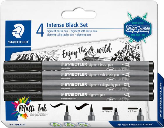 Staedtler Brushpen PigmentArts Intens zwart set Ã  4 schrijfbreedtes