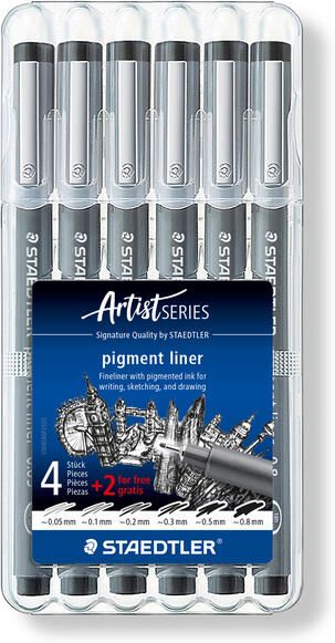 Staedtler pigment liner fineliner ronde punt verschillende schrijfbreedtes etui van 4 + 2 zwart - Foto 2