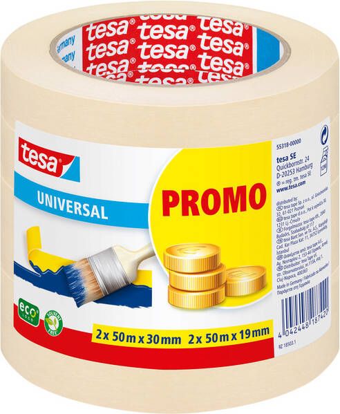 Tesa Afplaktape Â Economy 2x 50mx30mm 2x 50mx19mm promopack