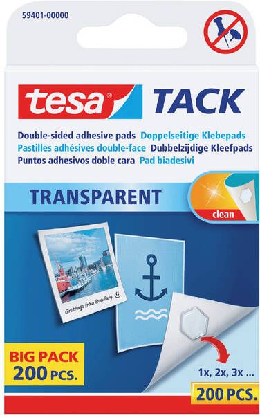 Tesa Kleefpads Â TACK dubbelzijdig transparant 200 stuks
